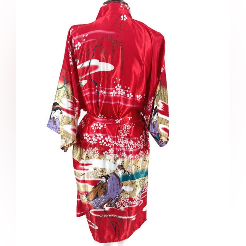 Hanboyuan Red Satin-Feel‎ Kimono Robe Floral Print Wrap Lounge Robe OS - Picture 2 of 6